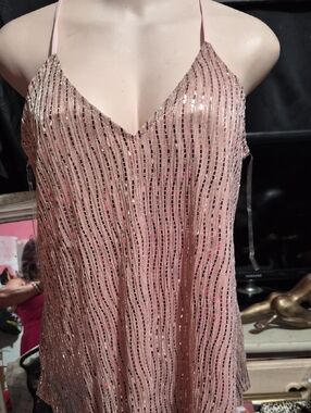 Pink Sequin Striped V-Neck Cami Top